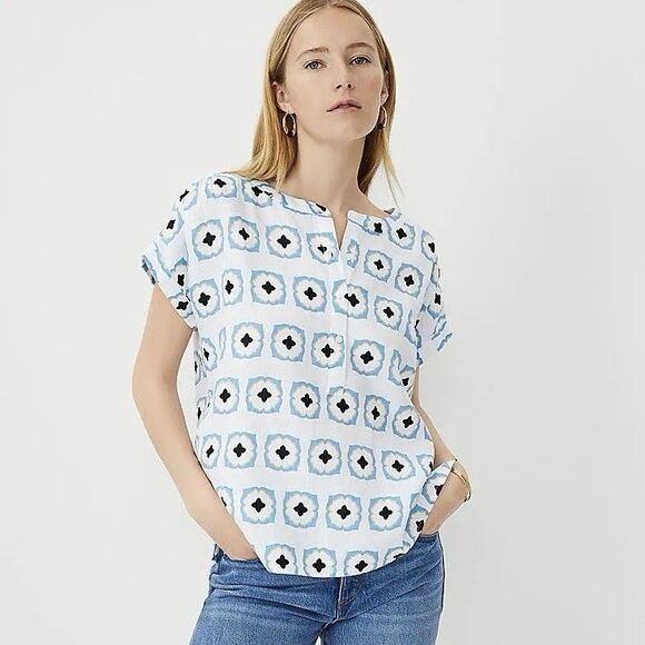 Ann Taylor Tops - Ann Taylor Geo Linen Popover Short Sleeve Top Sz L Multicolor Relaxed 1/4 Button